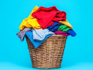 Wicker laundry basket filled with colorful clothes against bright blue background symbolizing cleanliness home essentials and routine
