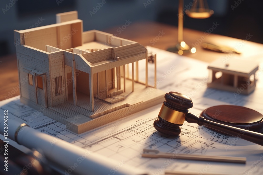 Poster miniature model of an open house with blueprints and building tools, next to it is the gavel from a 