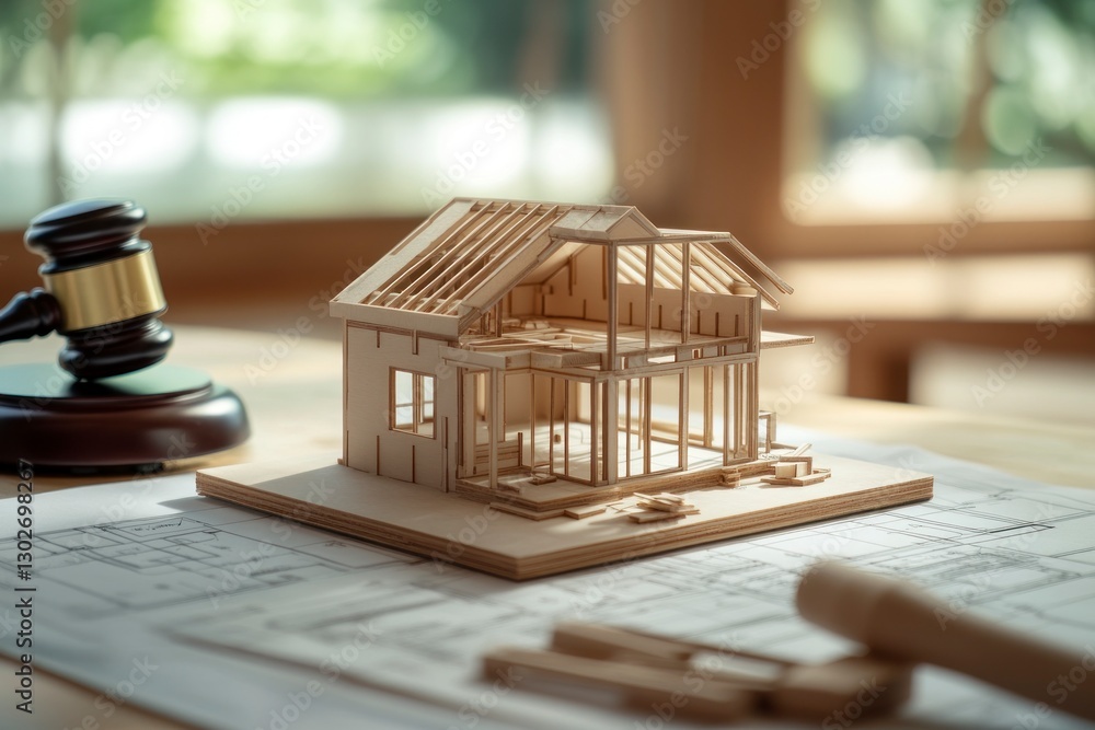Poster miniature model of an open house with blueprints and building tools, next to it is the gavel from a 
