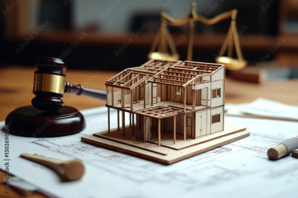 Poster miniature model of an open house with blueprints and building tools, next to it is the gavel from a 