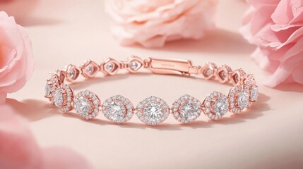 A stunning rose gold diamond bracelet displayed on a soft blush pink background.