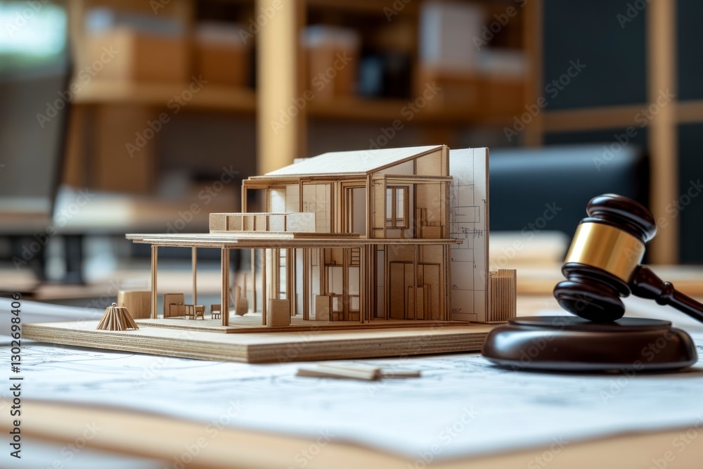 Poster miniature model of an open house with blueprints and building tools, next to it is the gavel from a 