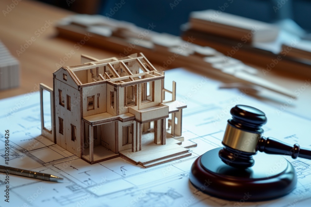 Poster miniature model of an open house with blueprints and building tools, next to it is the gavel from a 