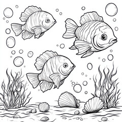 Fototapeta premium a coloring book style image of 3 different fish, surrounded by a few bubbles, and some sea shells scattered on the ocean floor 