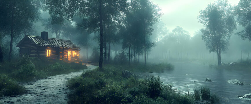 Misty Forest Cabin Scene