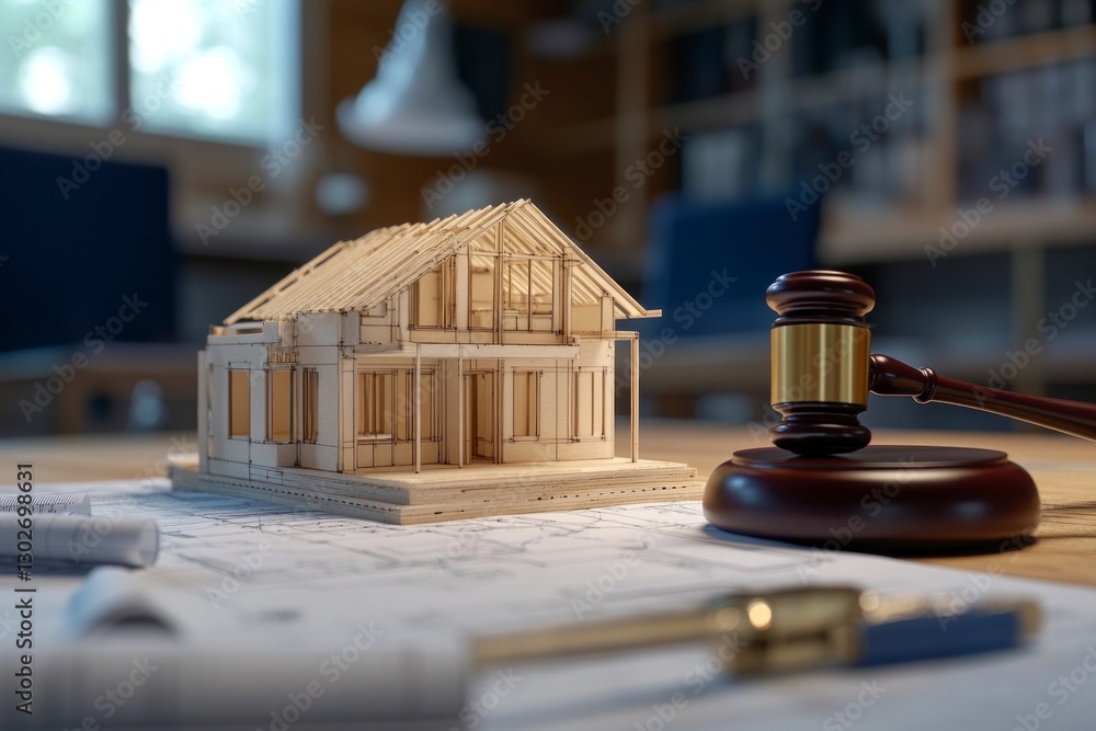 Poster miniature model of an open house with blueprints and building tools, next to it is the gavel from a 