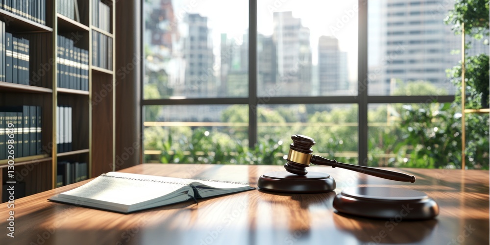 Poster modern office with large windows, featuring a wooden desk and a gavel on it. there is an open notebo