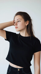 portrait of a young woman, portrait of a young girl in a black T-shirt, fashion model photo, casual wear