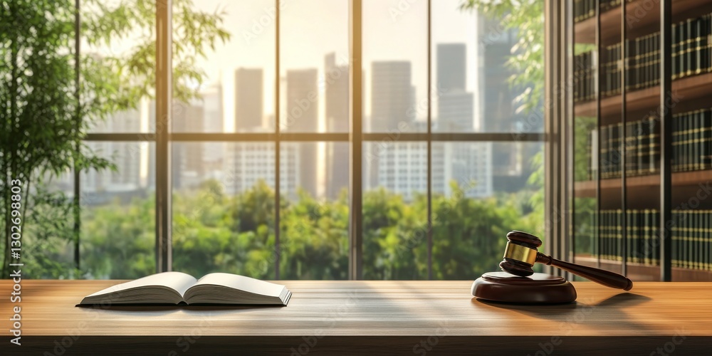 Aufkleber modern office with large windows, featuring a wooden desk and a gavel on it. there is an open notebo