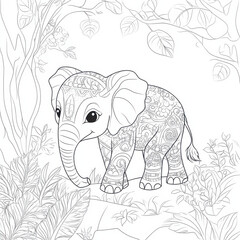 Obraz premium A coloring page featuring a simple, cute elephant. The subject should be stylized with fine outlines and minimal shading,