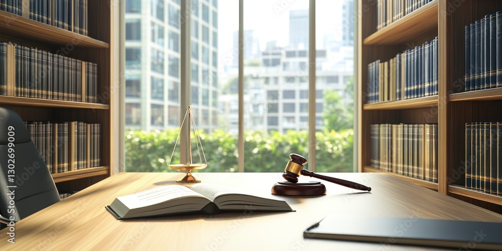Poster modern office with large windows, featuring a wooden desk and a gavel on it. there is an open notebo