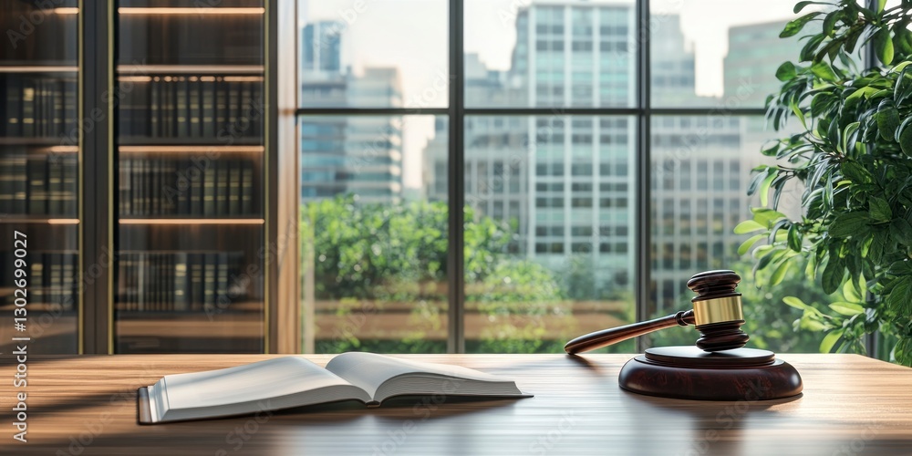 Poster modern office with large windows, featuring a wooden desk and a gavel on it. there is an open notebo