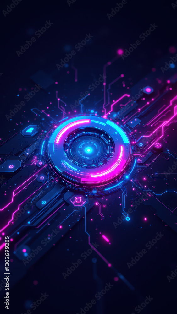 Poster a digital illustration of a colorful, futuristic data center with advanced technology elements, repr