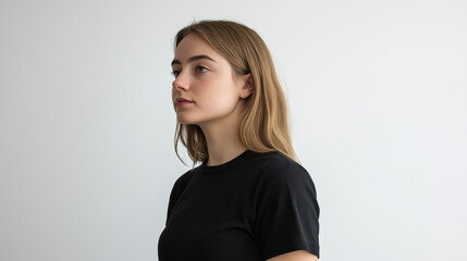 Fototapeta premium portrait of a young woman, portrait of a young girl in a black T-shirt, fashion model photo, casual wear
