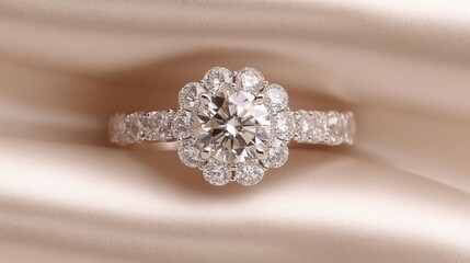 A vintage-inspired diamond ring on an elegant cream-colored satin background.