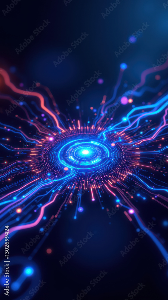 Aufkleber a dynamic abstract digital art composition with a central glowing hub and radiating lines, represent