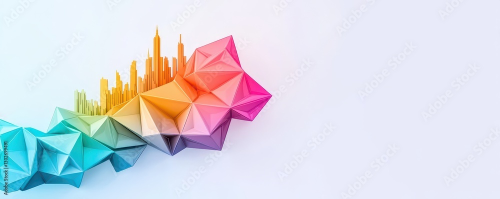 Poster a colorful 3d geometric design featuring various shapes, transitioning through a spectrum of vibrant