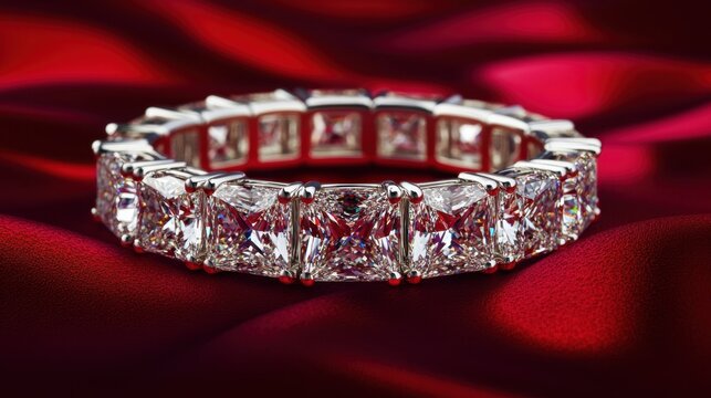 Brilliant princess-cut diamond bracelet glowing on a bold crimson red backdrop.