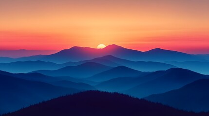 Fototapeta premium Minimalist Mountain Range Silhouette Against Sunset Gradient with Calming Atmosphere