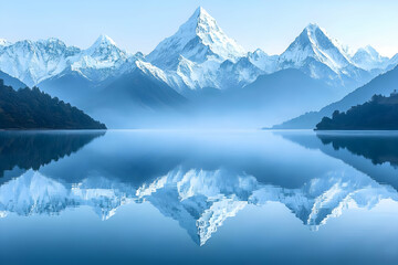 Fototapeta premium Snowy Mountains Reflecting On Calm Lake