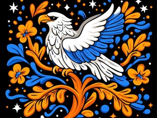Fototapeta premium Colorful illustration of an eagle perched on a vibrant tree with flowers