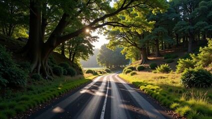 Fototapeta premium Winding road surrounded by lush greenery and sunlight, showcasing Irish Country Roads. Concept highlights tranquil nature and scenic beauty found along Irish Country Roads