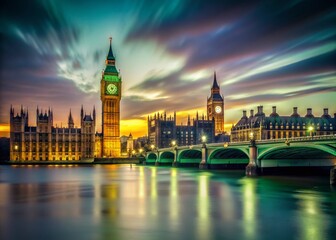Fototapeta premium Minimalist London Dusk: Big Ben & Green Light - Stock Photo