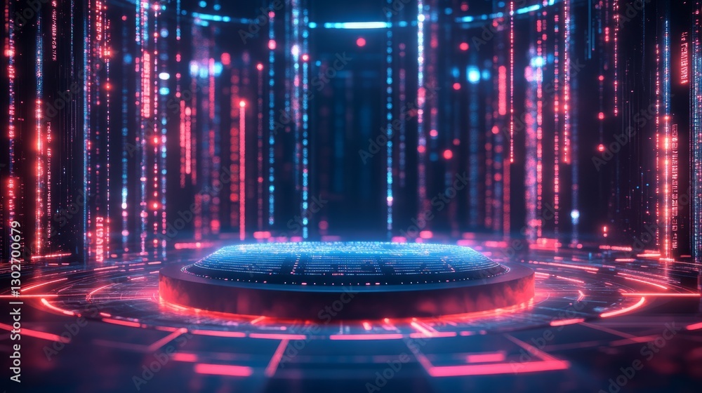 Poster empty podium set in a digital cyber world, with glowing neon paths and virtual screens displaying fu