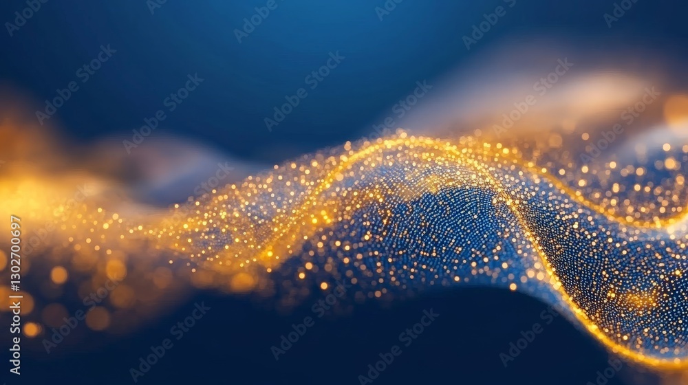 Poster abstract golden wave of connected particles symbolizing big data, quantum computing, and futuristic 
