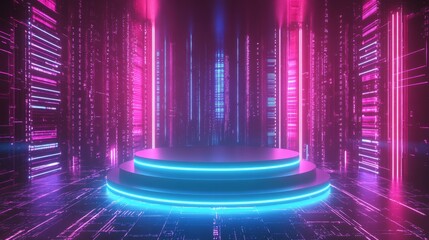 Empty podium set in a digital cyber world, with glowing neon paths and virtual screens displaying futuristic data 
