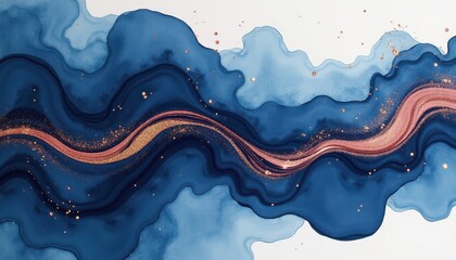 Fototapeta premium Abstract Painting: Mesmerizing Blue, Copper, and Pink Waves Against a White Canvas. A close up of a blue and gold abstract painting.