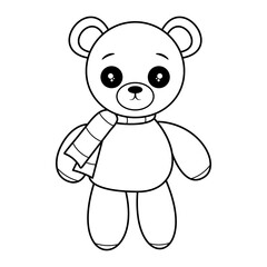 Cute Winter Teddy Bear Outline Vector Illustration. The bear has a round head, big shiny eyes, small curved eyebrows and a tiny button-like nose. The bear’s arms and legs are plump and slightly curved