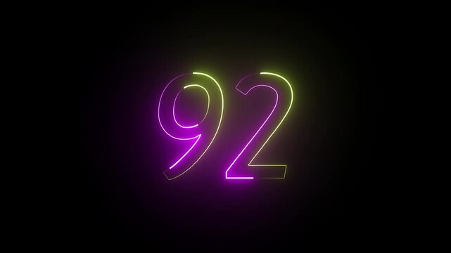 Abstract glowing neon text 92 number countdown icon. Educational mathematics 92 animation on black background.