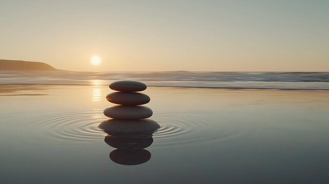 Serene sunset beach; stacked stones in calm water; ocean waves; peaceful scene; meditation imagery