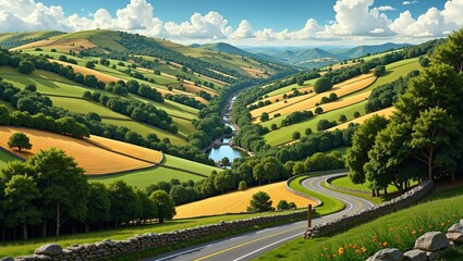 Scenic view of Irish Country Roads winding through lush green hills and vibrant golden fields. Concept highlights beauty of Irish countryside and charm of rural landscapes