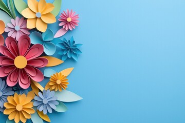 Obraz premium A vibrant arrangement of colorful paper flowers against a light blue background, showcasing creativity and craft.