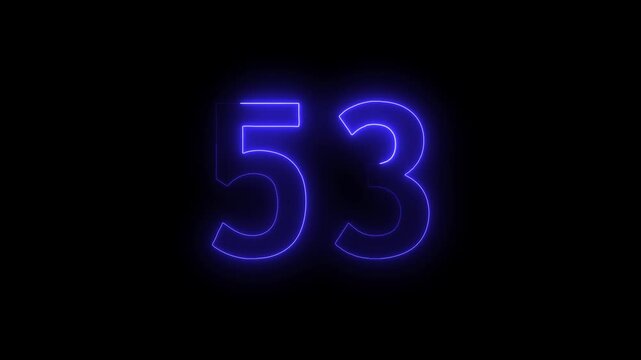 Abstract glowing neon text 53 number countdown icon. Educational mathematics 53 animation on black background.