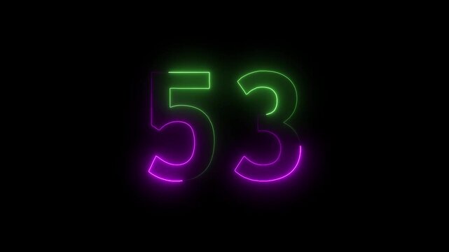 Abstract glowing neon text 53 number countdown icon. Educational mathematics 53 animation on black background.