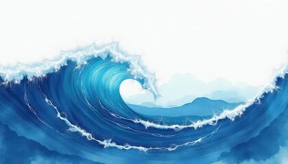 Dynamic Watercolor Painting: A Large Wave Crashing Against a White Background. A painting of a large blue wave in the ocean.