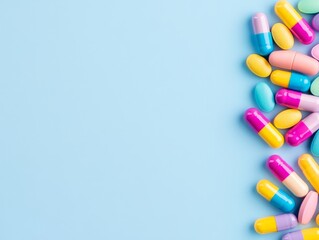 Scattered colorful pharmaceutical capsules and tablets on a blue background representing modern medicine pharmacology and drug industry in a high quality conceptual stock photograph