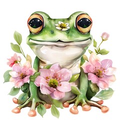 Charming Cartoon Frog Surrounded by Beautiful Pink Flowers