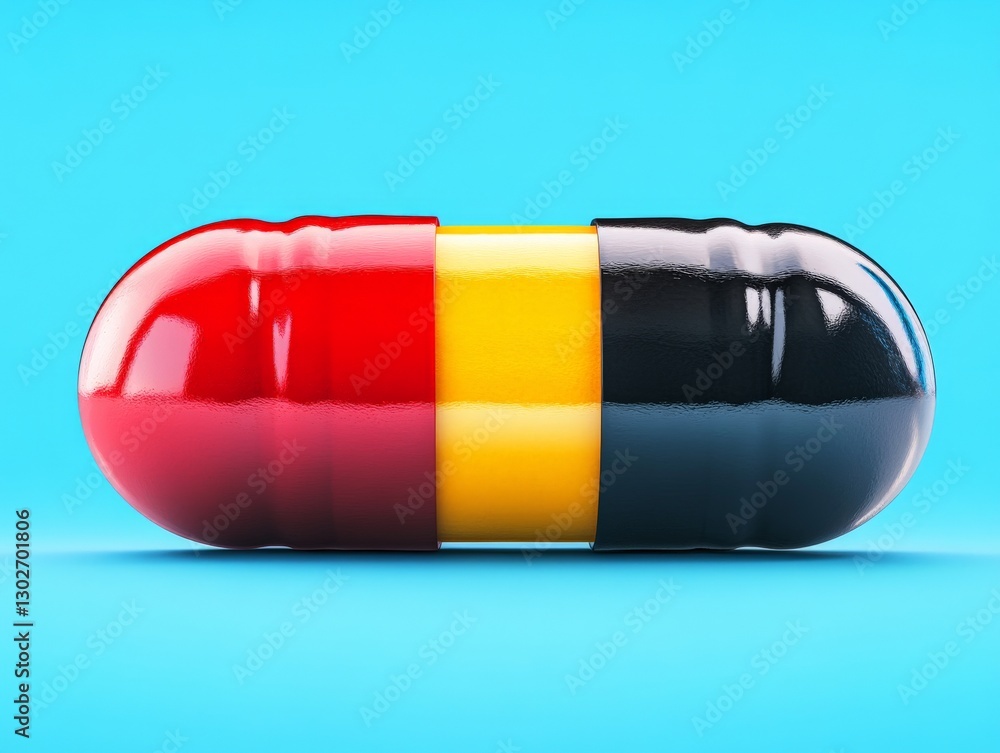 Poster large three color pharmaceutical capsule in close up view with a glossy texture representing modern 