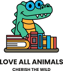 A green crocodile is holding a stack of books