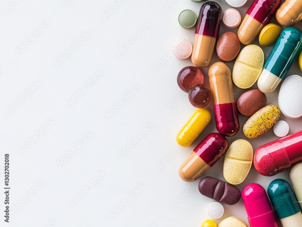 Poster collection of colorful assorted pills and capsules arranged in a flat lay composition representing p