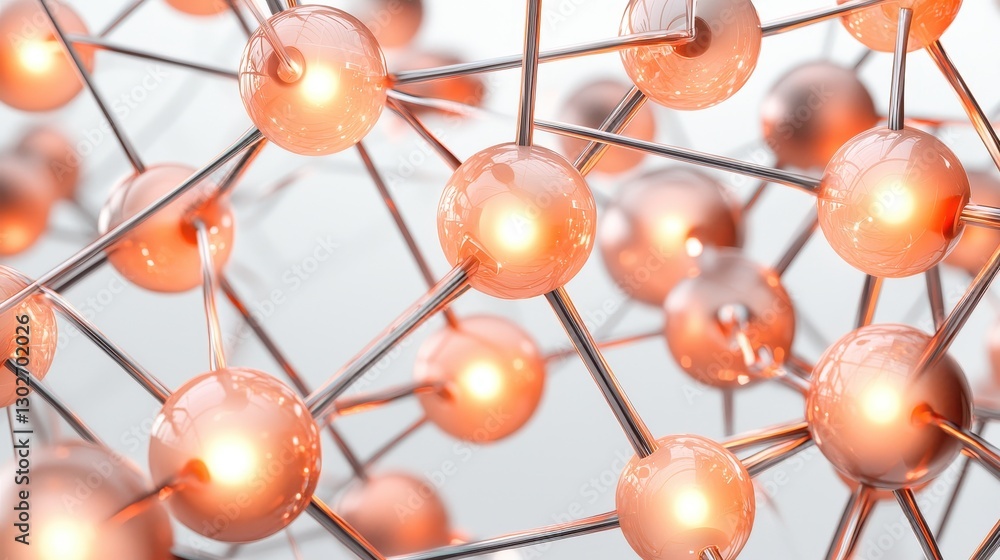 Poster a close-up view of interconnected atoms, glowing softly, showcasing a complex molecular structure wi