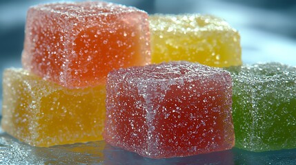 Stacked colorful jelly candies on a shiny surface, food close up for sweet snack