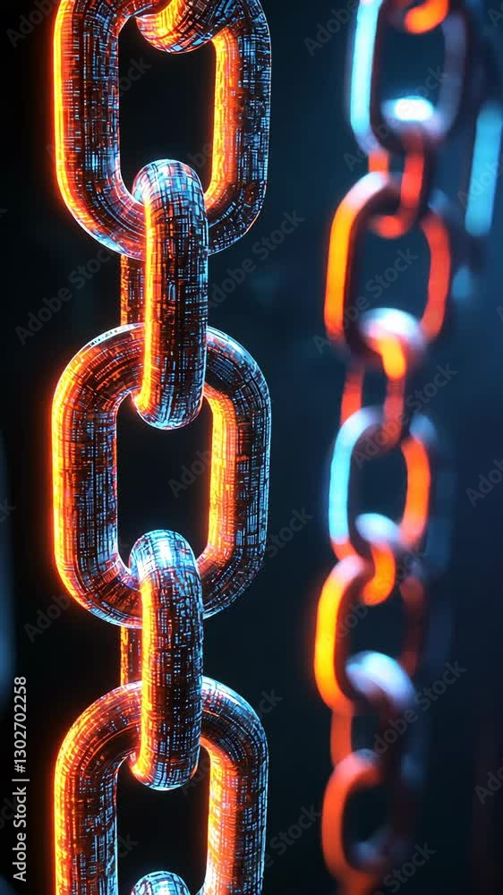 Poster illuminated digital chains showcasing intricate patterns and vibrant colors in a futuristic setting