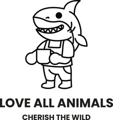 A cartoon shark is holding a cup and the words 