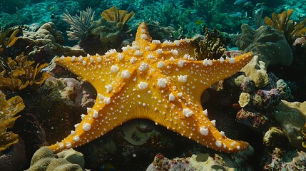 Starfish lies on seabed with coral and fish in water for nature stock photo