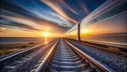 Fototapeta premium Minimalist Silver Train on Track at Sunset, Elegant Railway Landscape